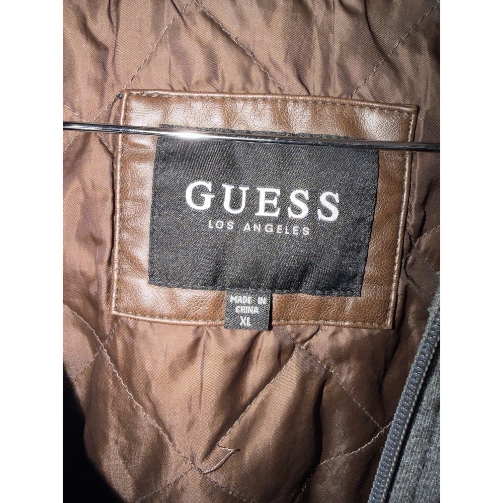 Guess Faux Leather Hooded Moto Jacket Removable Hood Brown Gray Men's XL Zip - Picture 3 of 11